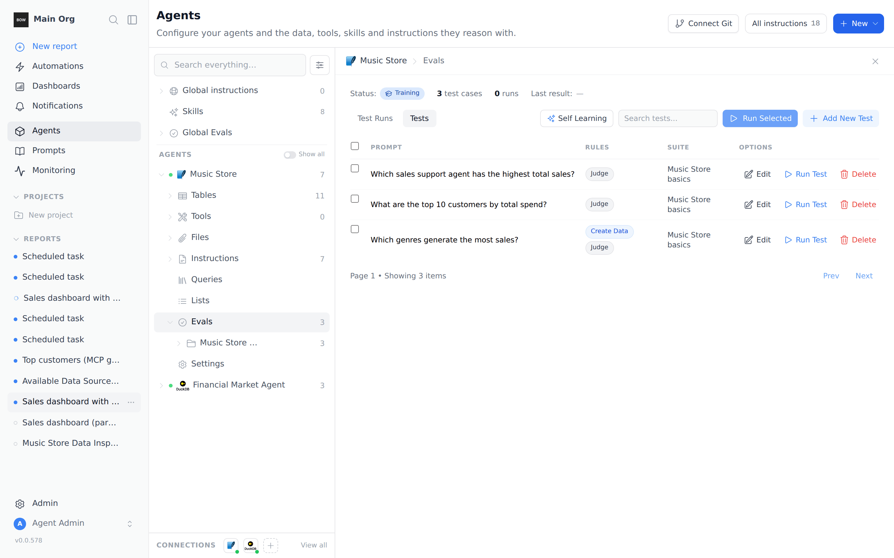 The Tests tab with three test cases