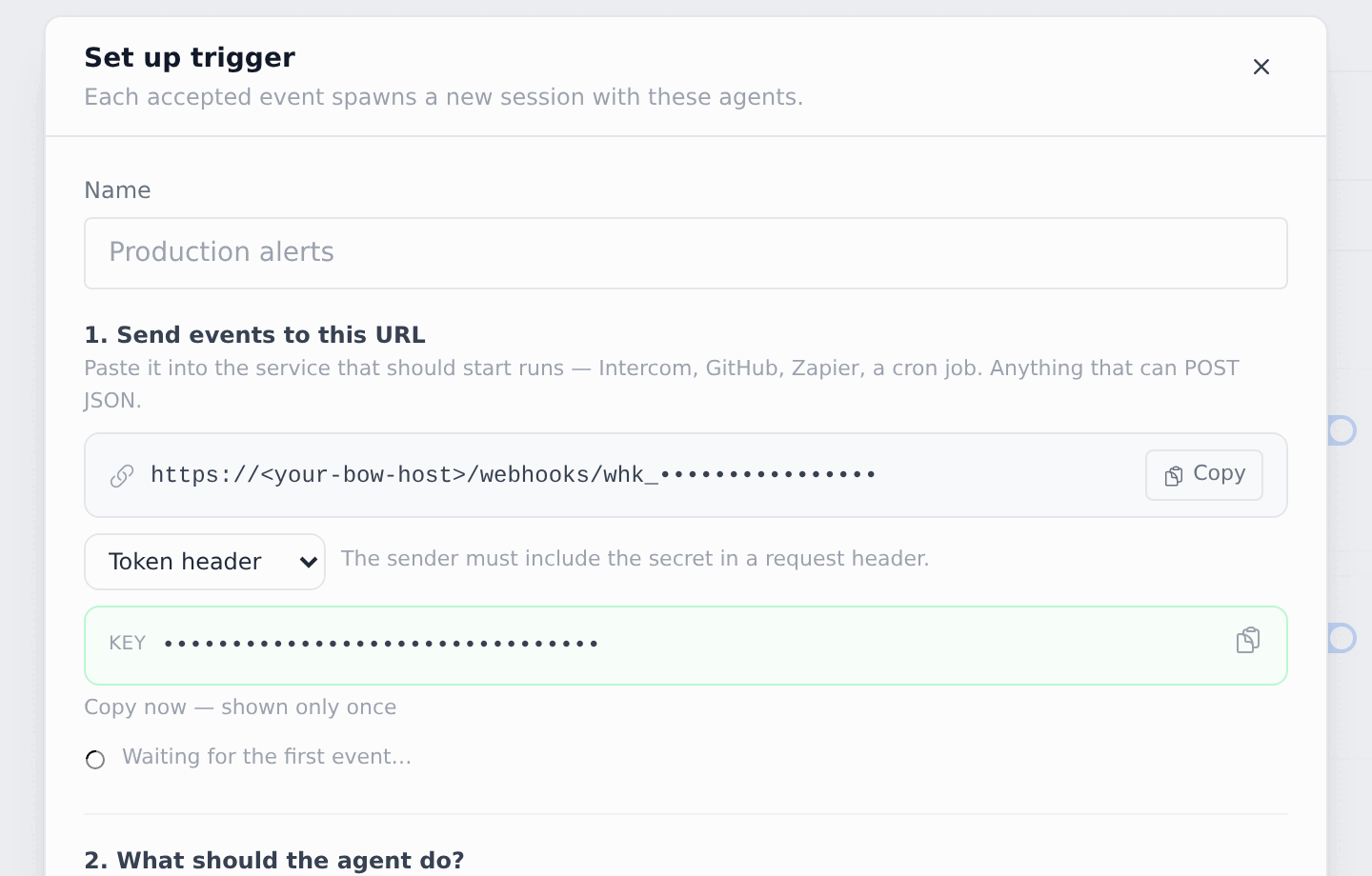 Token header mode shows the key once