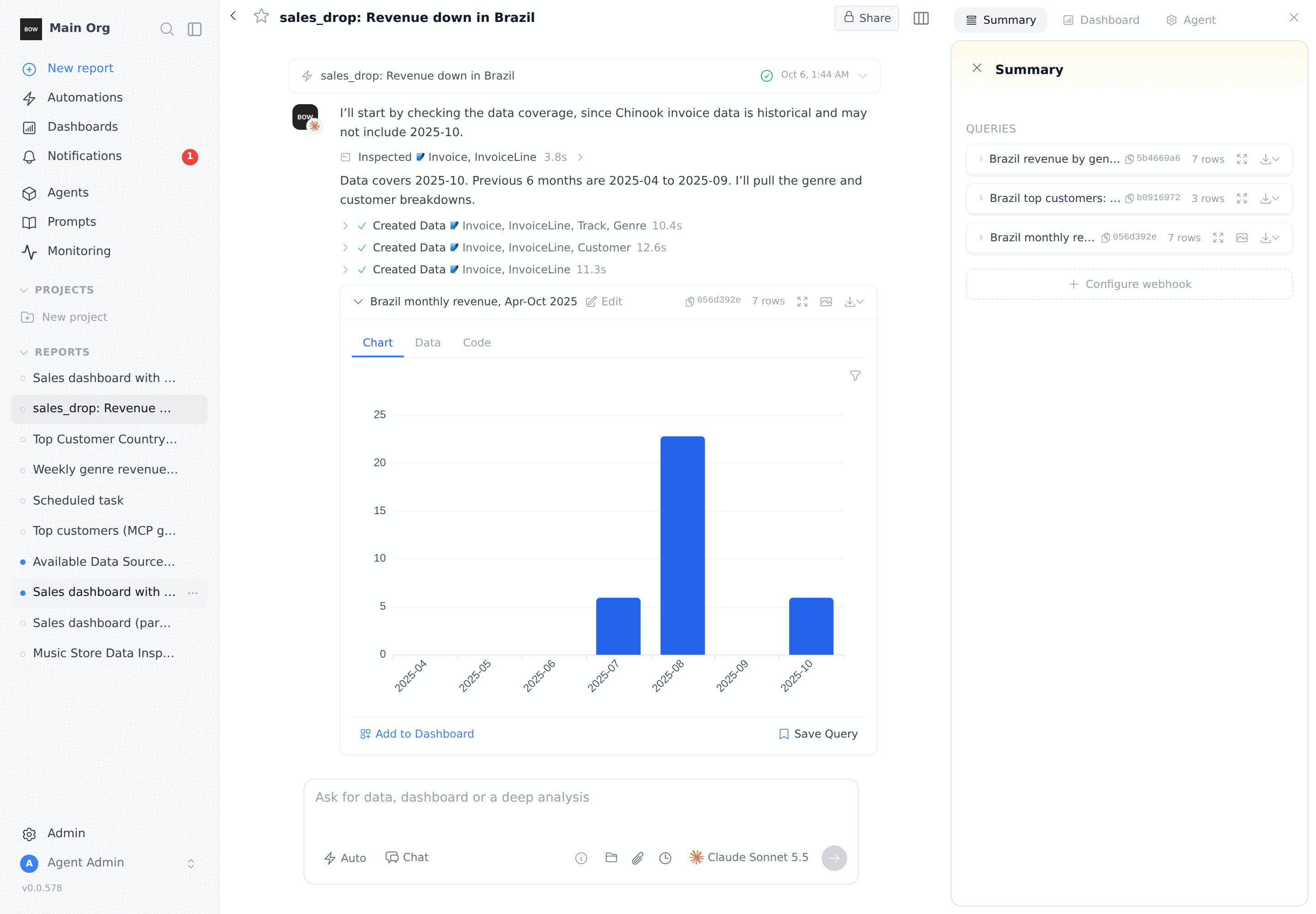 A session started by an event: the event entry at the top, then the agent's analysis