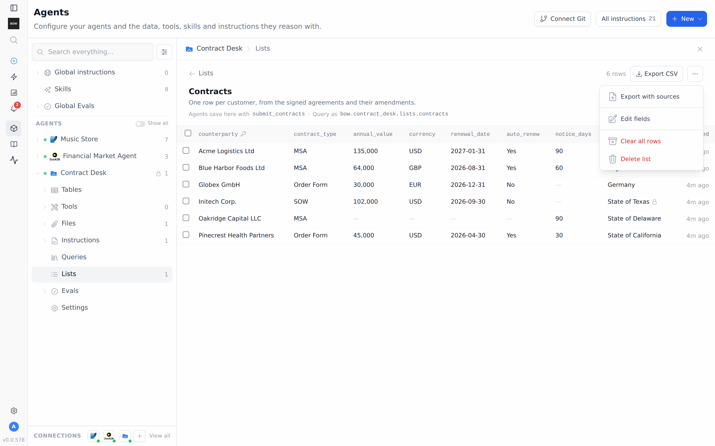 The list menu with Export with sources