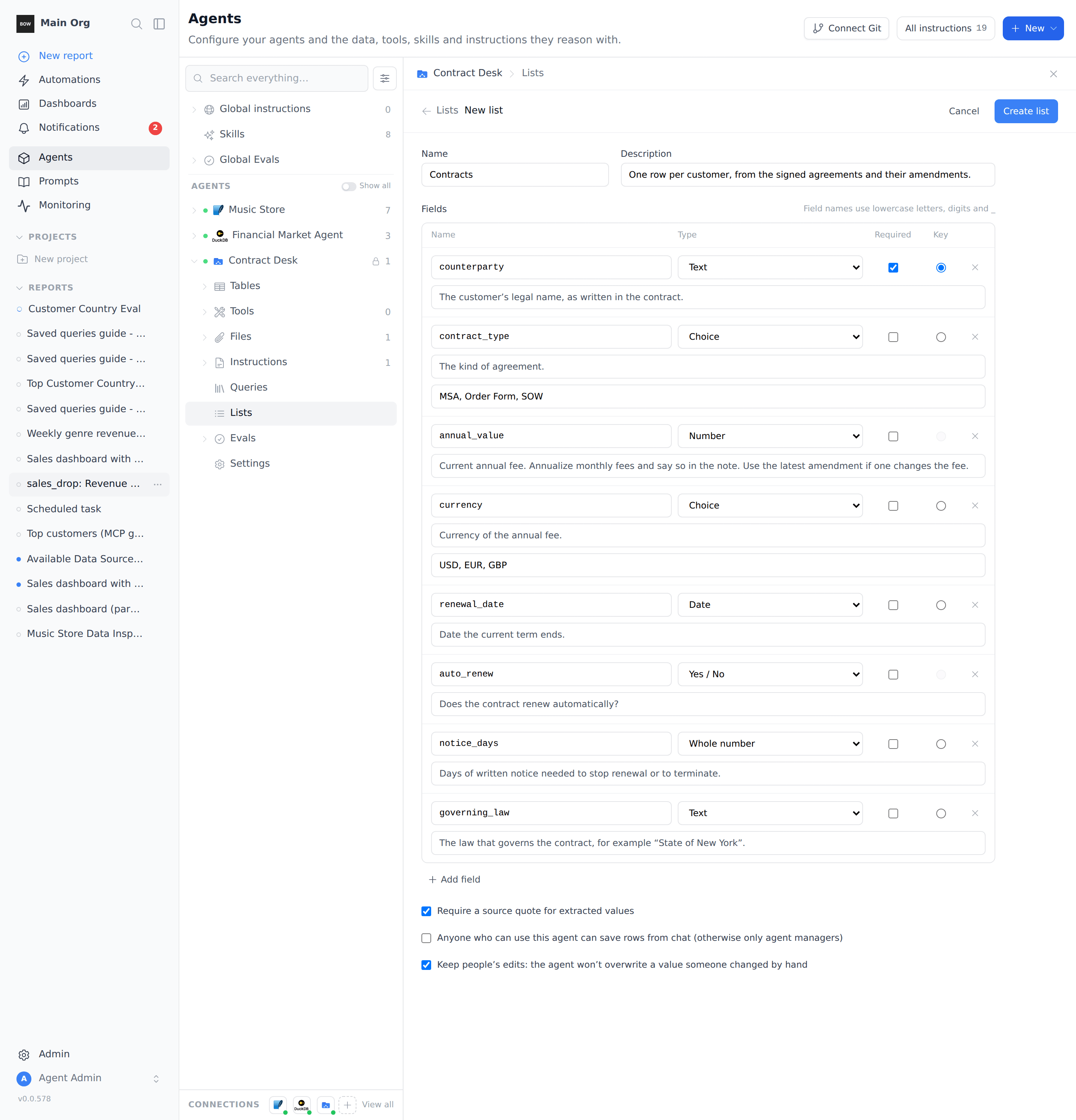 The New list editor with the eight Contracts fields