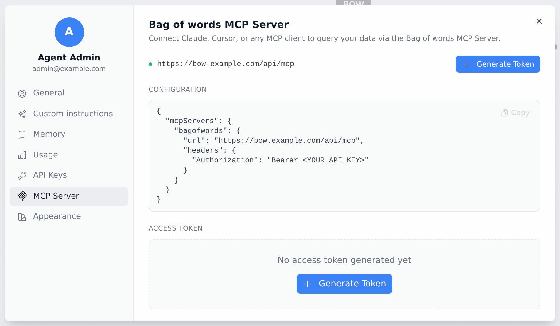 The MCP Server tab in Account Settings