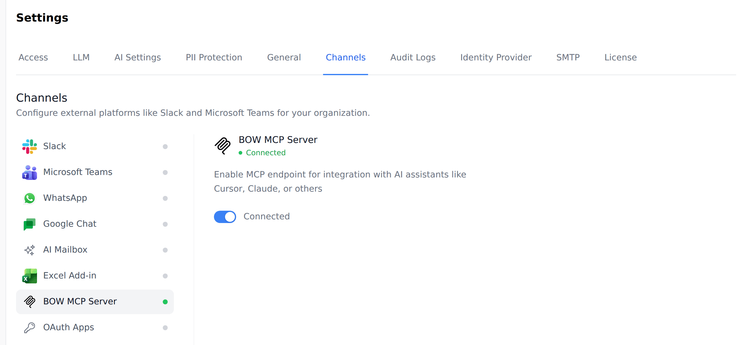 The BOW MCP Server switch in Settings → Channels