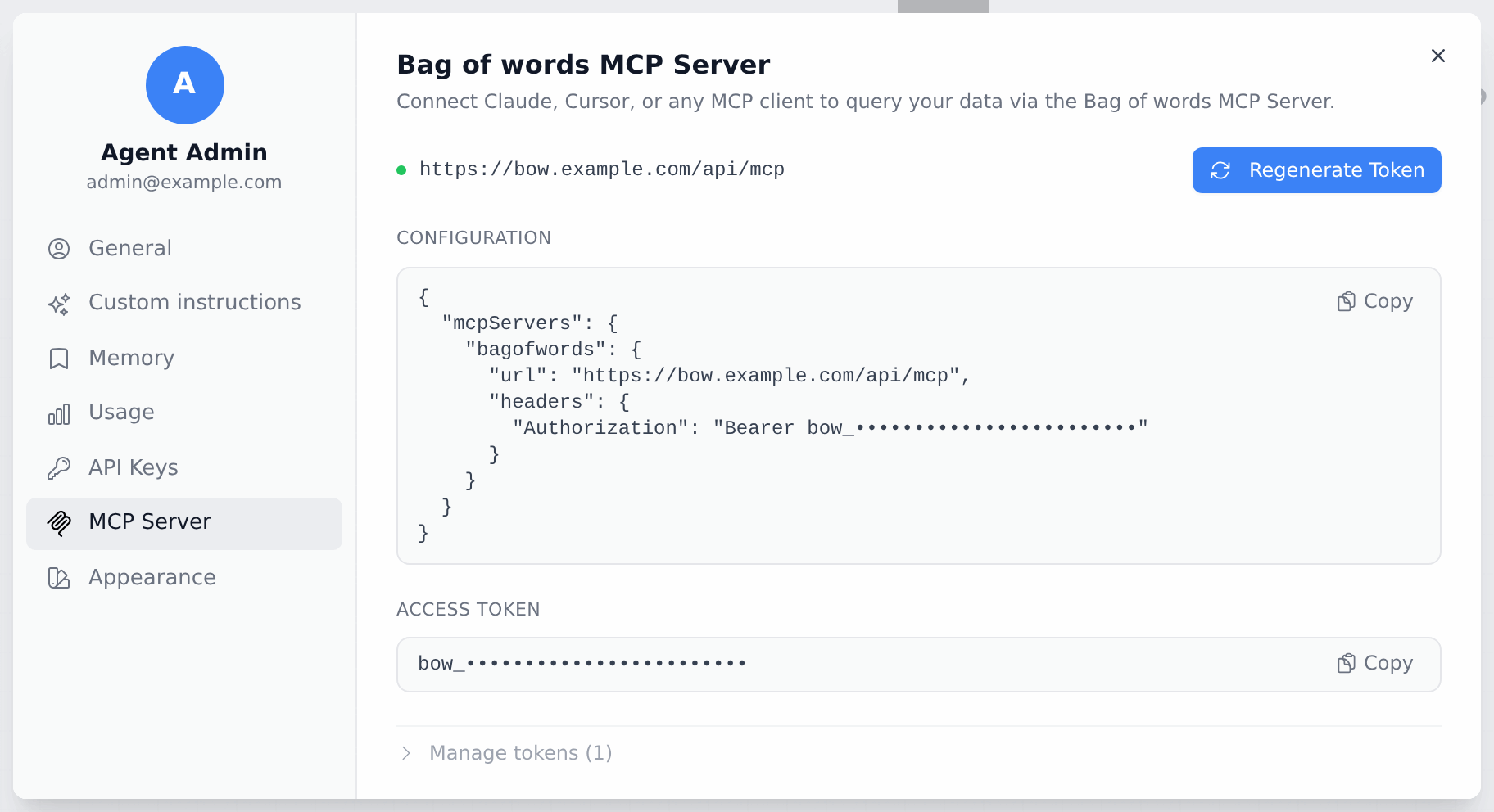 A generated token and the Configuration snippet (token hidden in this screenshot)