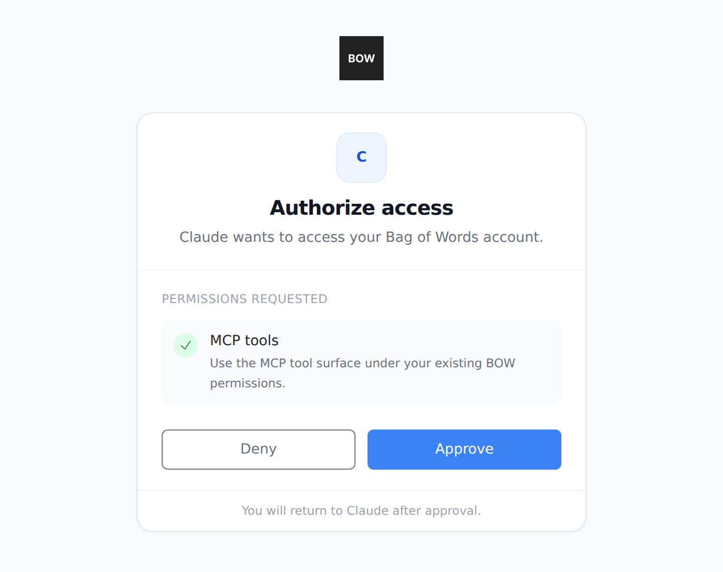 The BOW Authorize access screen, requesting MCP tools