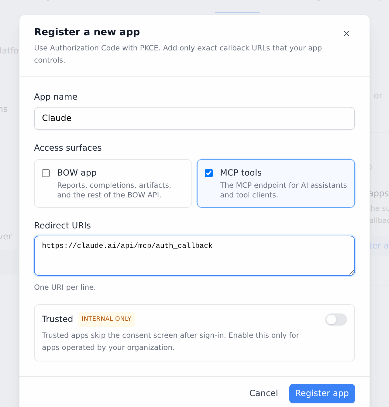 Register an OAuth app for Claude with the MCP tools access surface