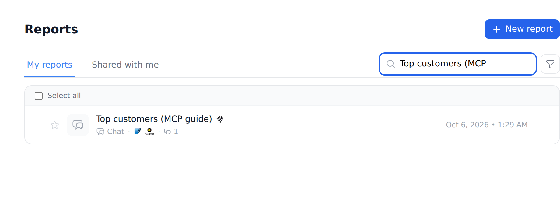 A report created via MCP in the Reports list