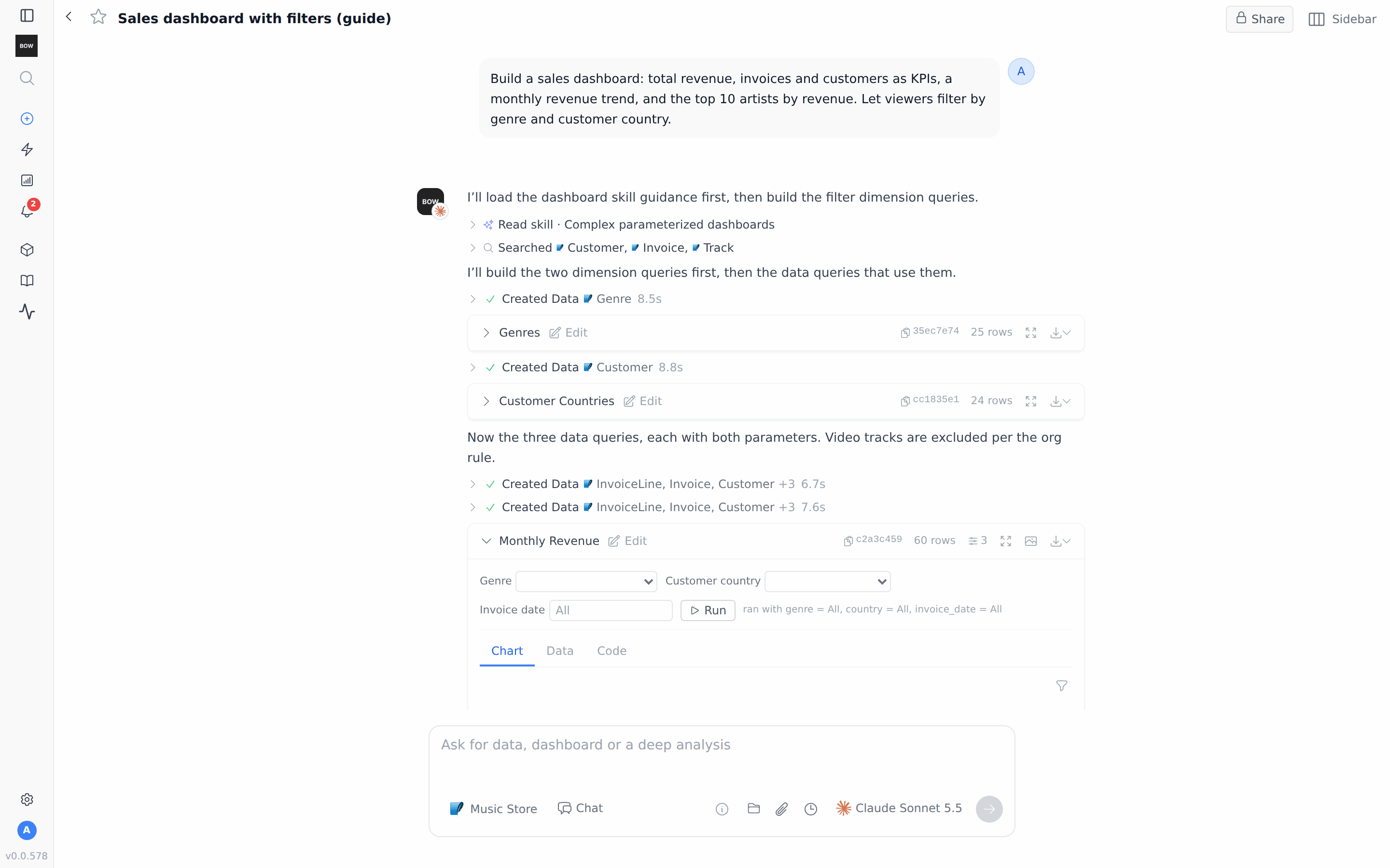 The agent builds the filter lists first, then the parameterized queries