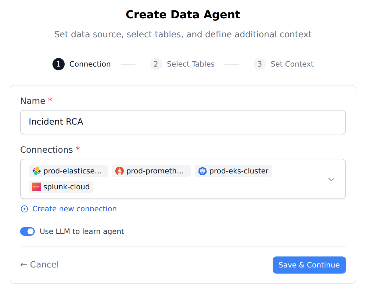 Create Data Agent with four connections selected
