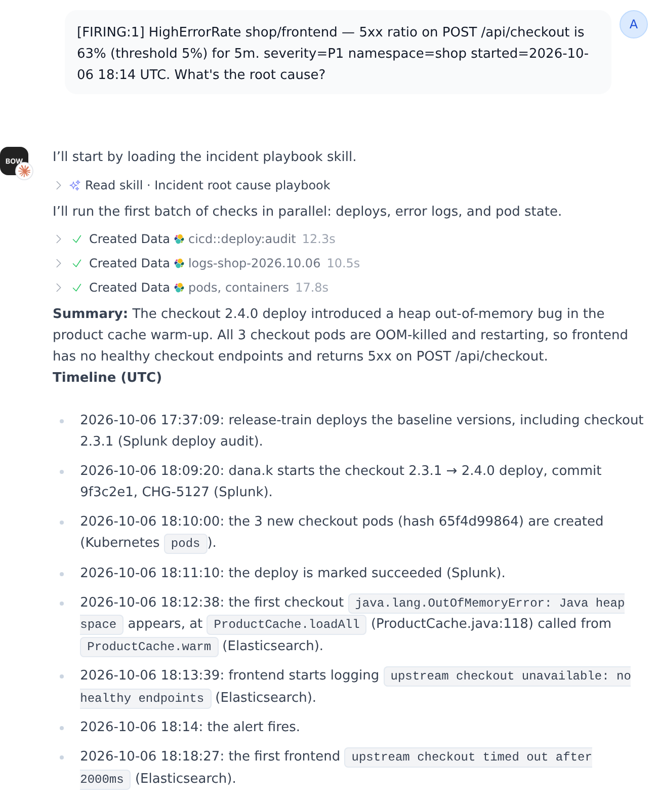 The agent reads the playbook, checks deploys, logs and pods in parallel, and answers with a sourced timeline