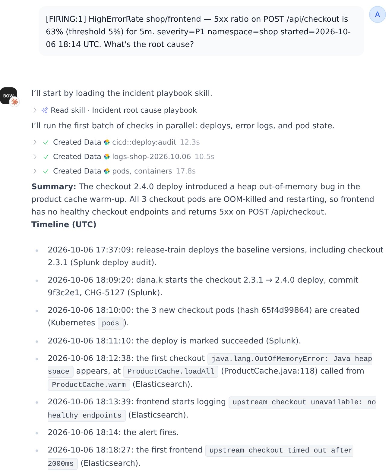 The agent reads the playbook, checks deploys, logs and pods in parallel, and answers with a sourced timeline