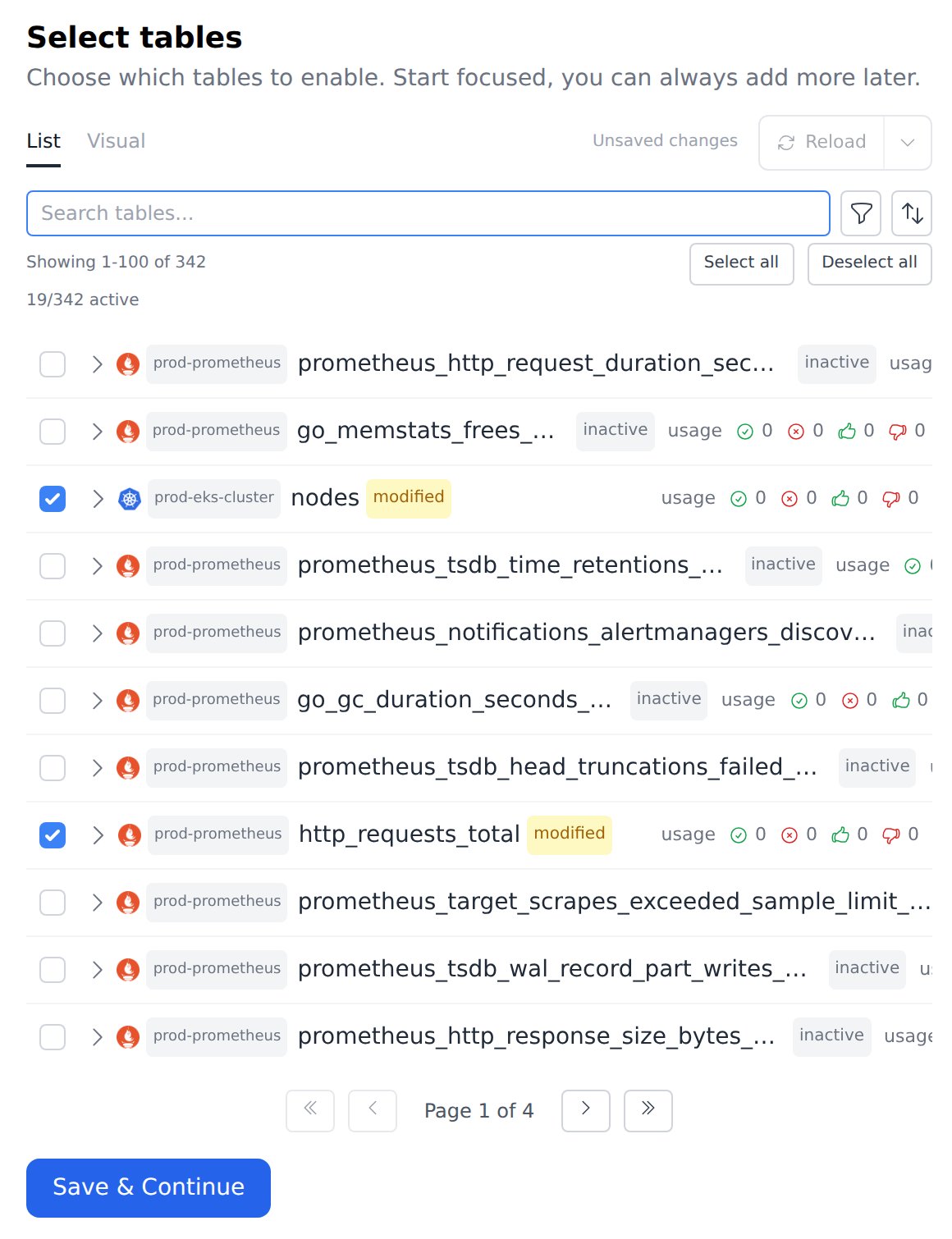 Select tables, with 19 of 342 tables enabled