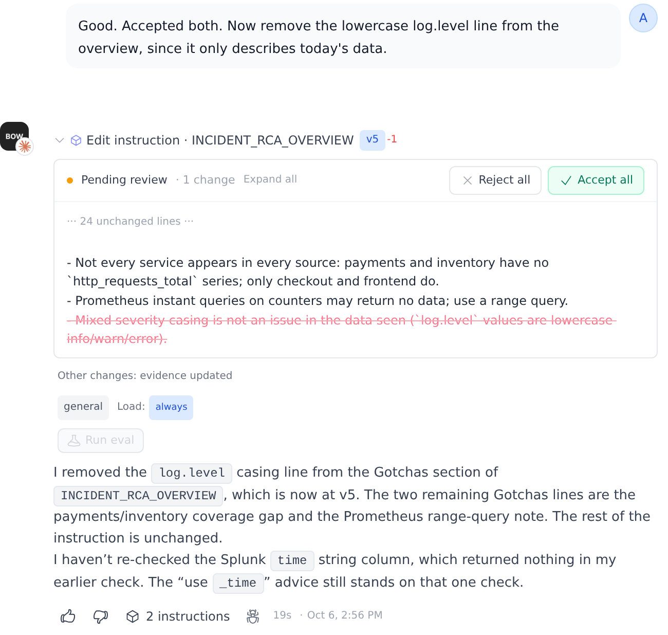 The follow-up edit removes one line, shown as tracked changes