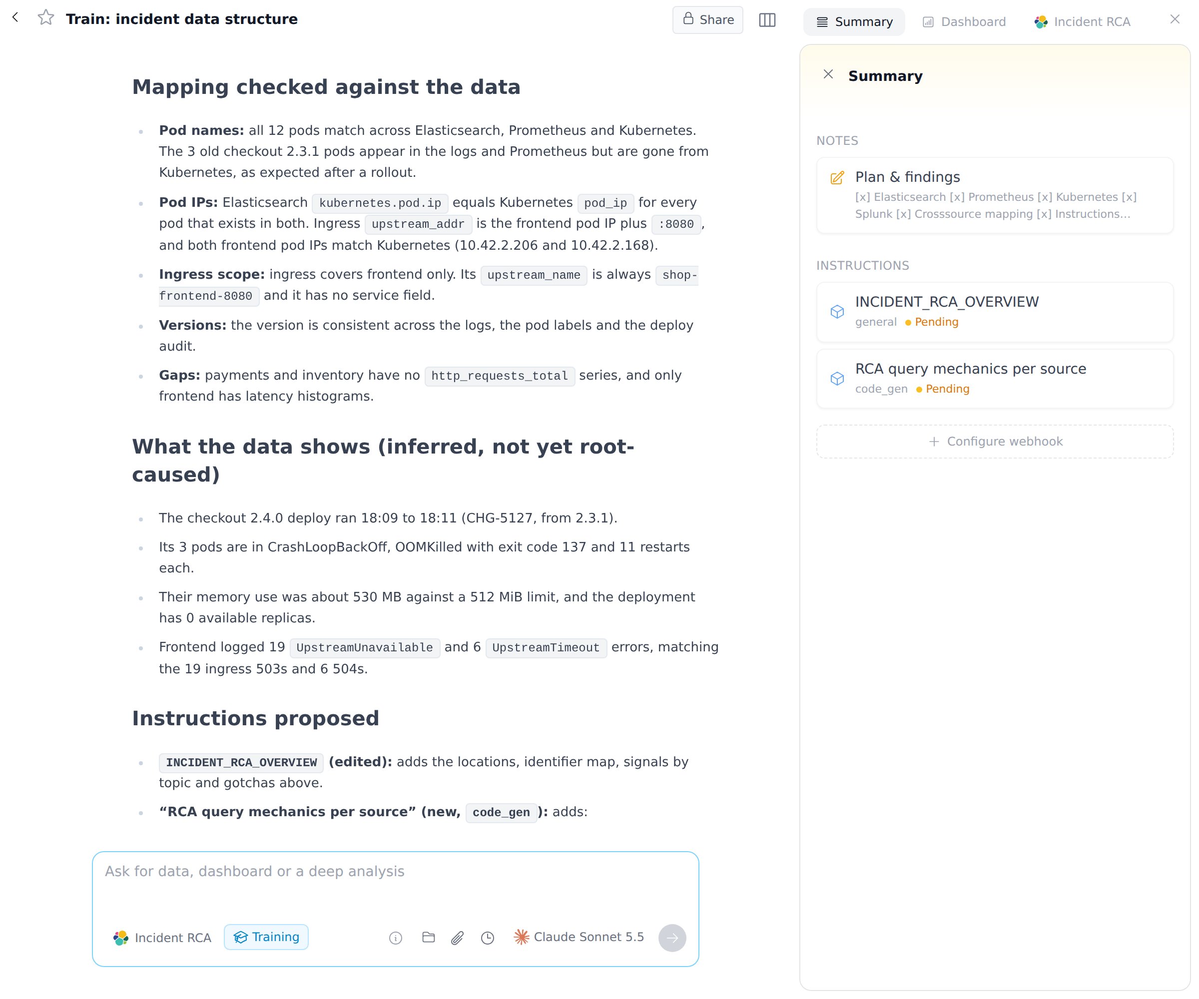 The mapping the agent checked against the data, and two proposed instructions in the Summary panel