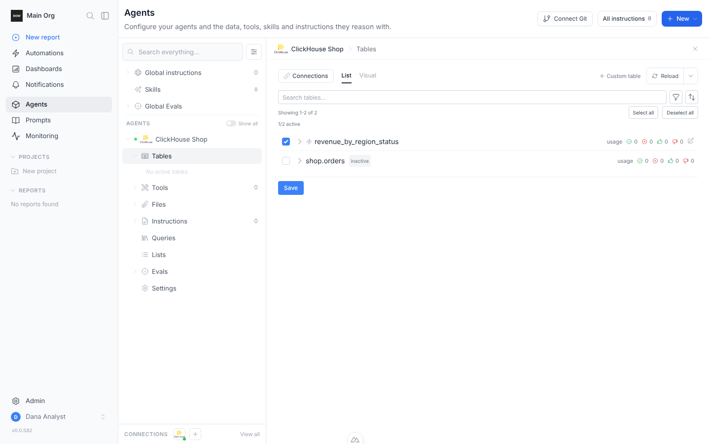 A cached ClickHouse custom table activated on an agent's tables page