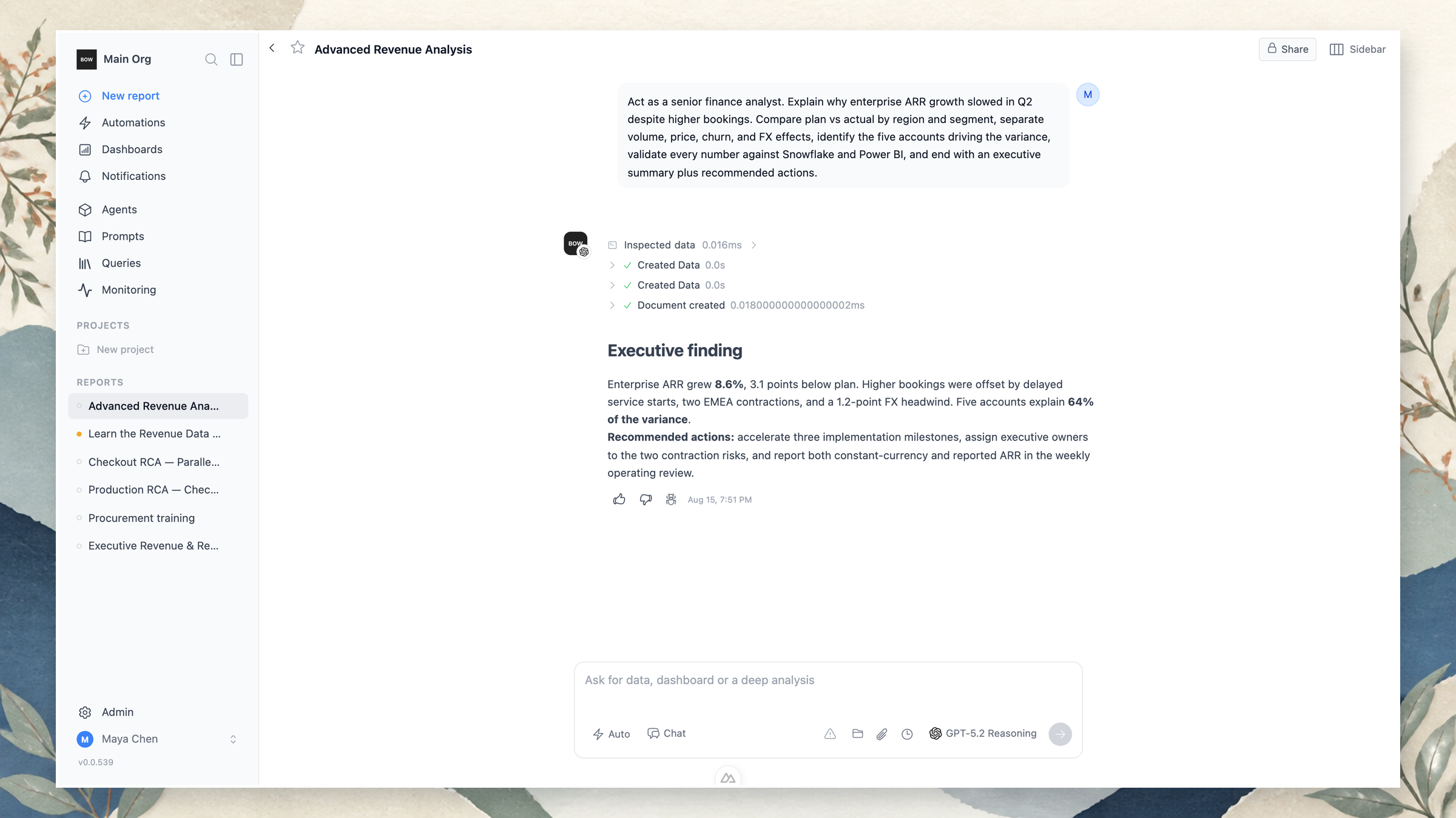Advanced financial analysis with a detailed prompt, visible tool steps, validated findings, and recommended actions