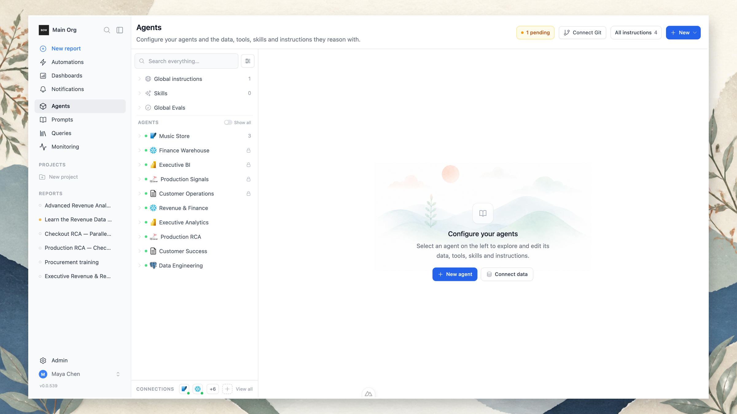 Agents connected to Snowflake, Power BI, SQL Server, Oracle, and PostgreSQL