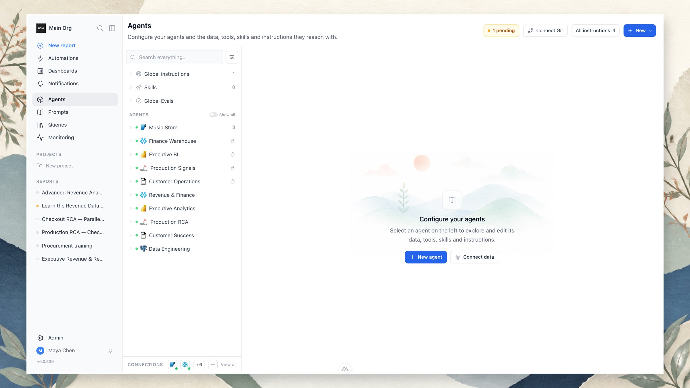 Agents connected to Snowflake, Power BI, SQL Server, Oracle, and PostgreSQL