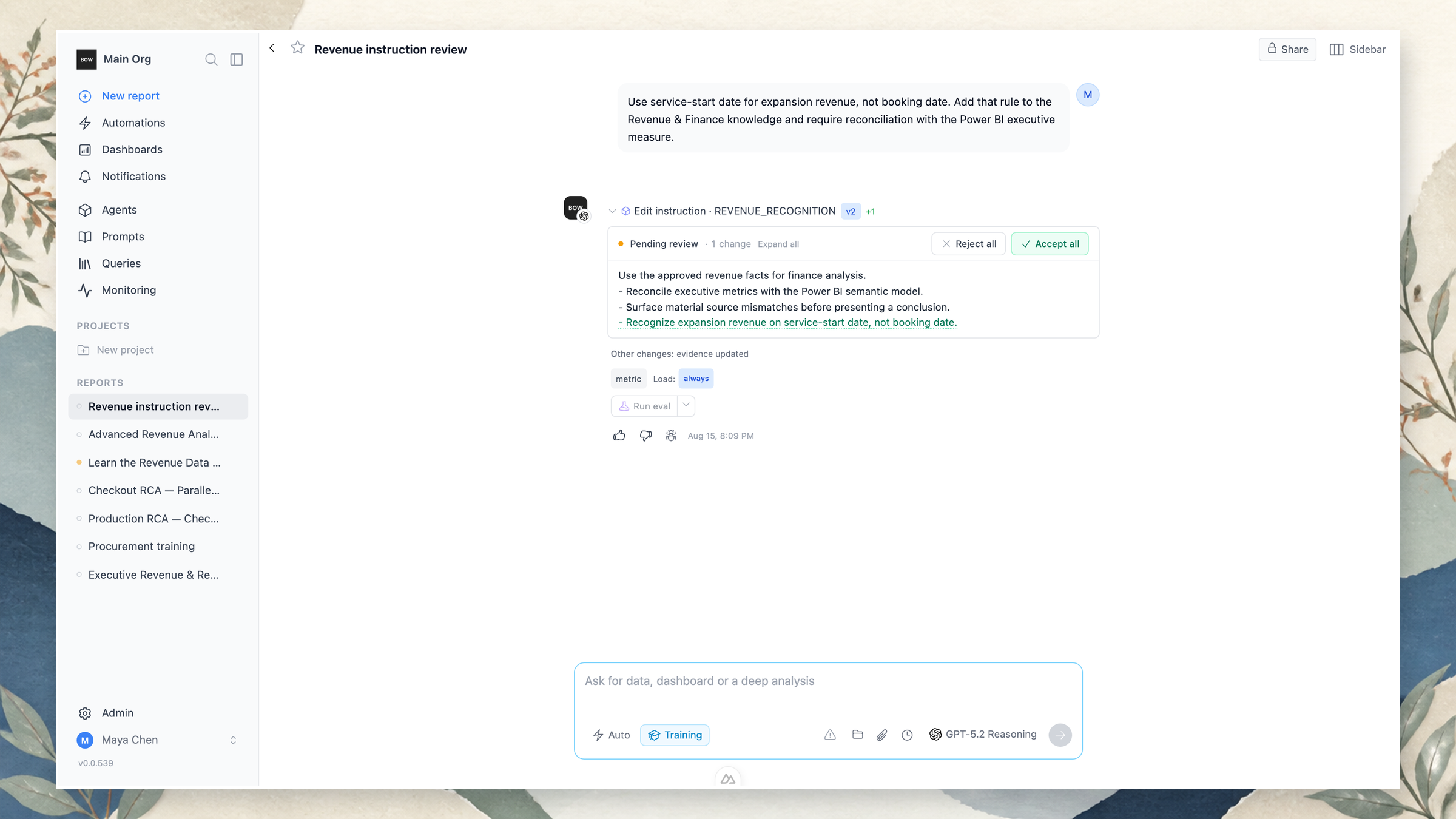 A Training conversation with a pending AI-proposed tracked instruction change