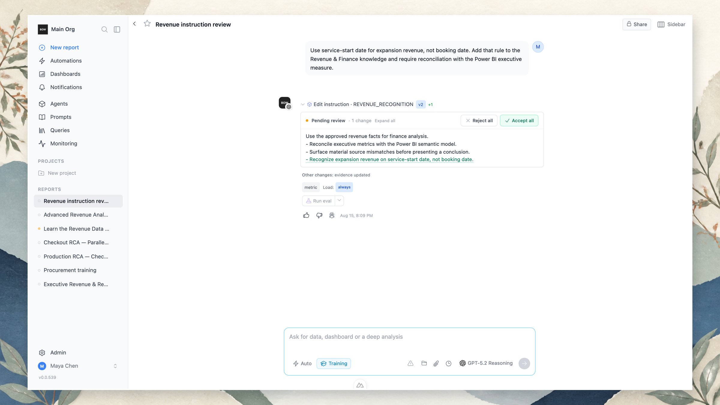A Training conversation with a pending AI-proposed tracked instruction change