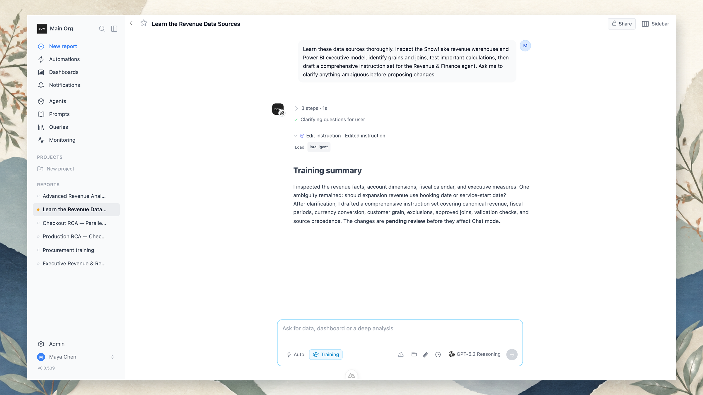 Training mode inspecting Snowflake and Power BI before proposing a comprehensive, reviewable instruction set
