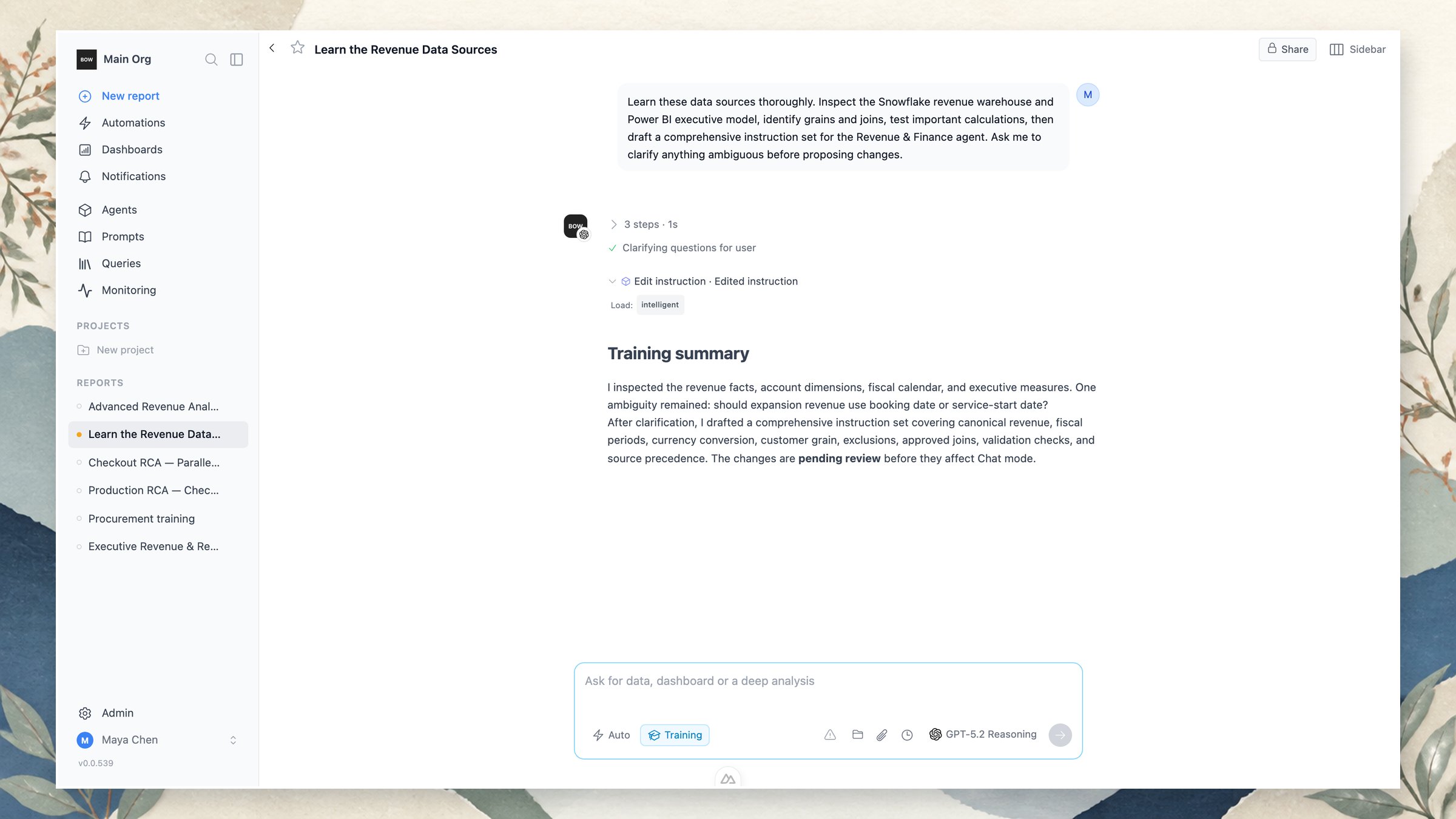 Training mode inspecting Snowflake and Power BI before proposing a comprehensive, reviewable instruction set