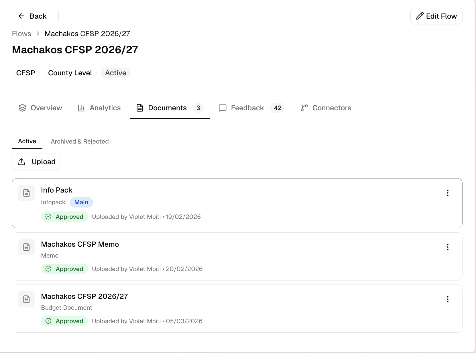 Documents tab on a flow