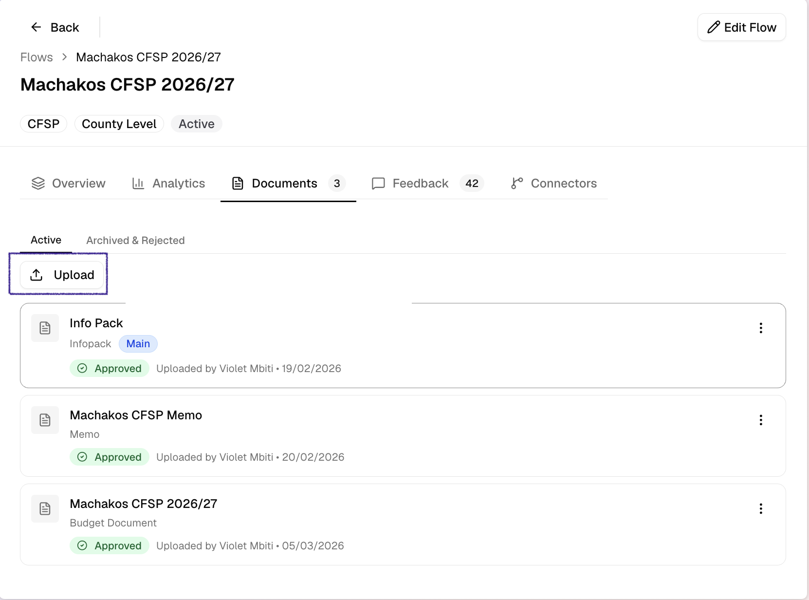 Upload button on the Documents tab