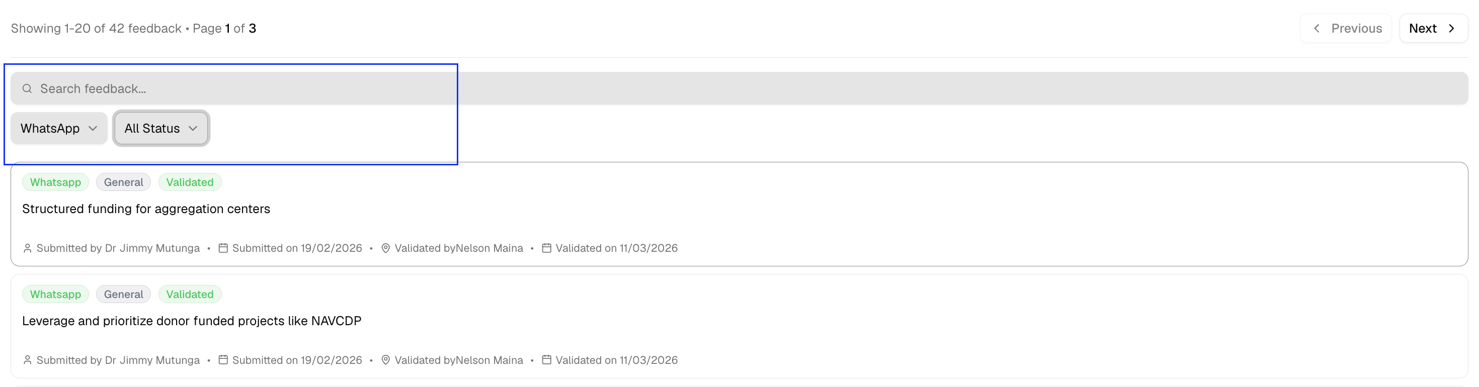 Feedback search and filters