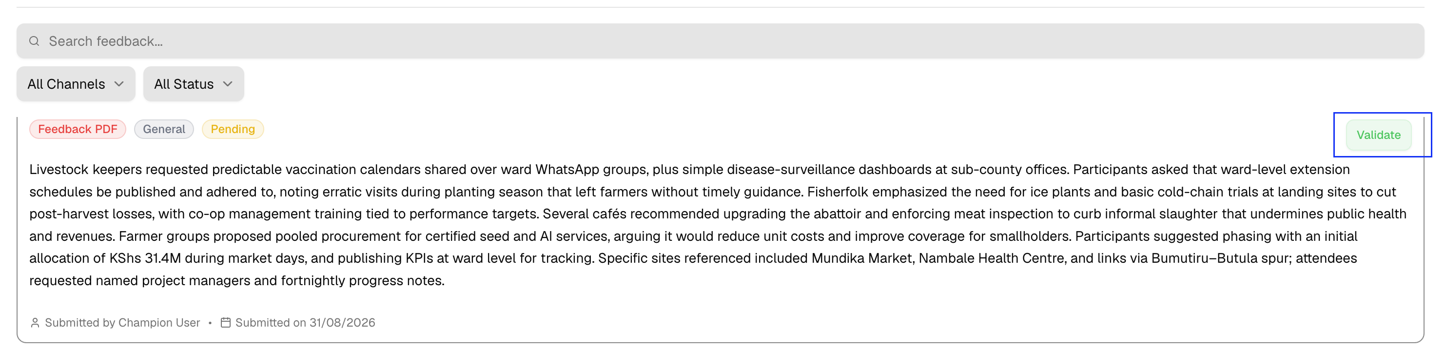 Validate button on a feedback item