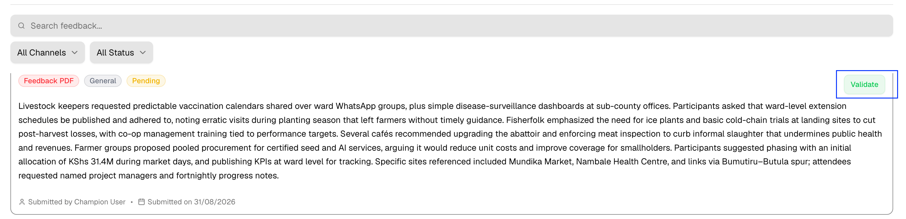 Validate button on a feedback item