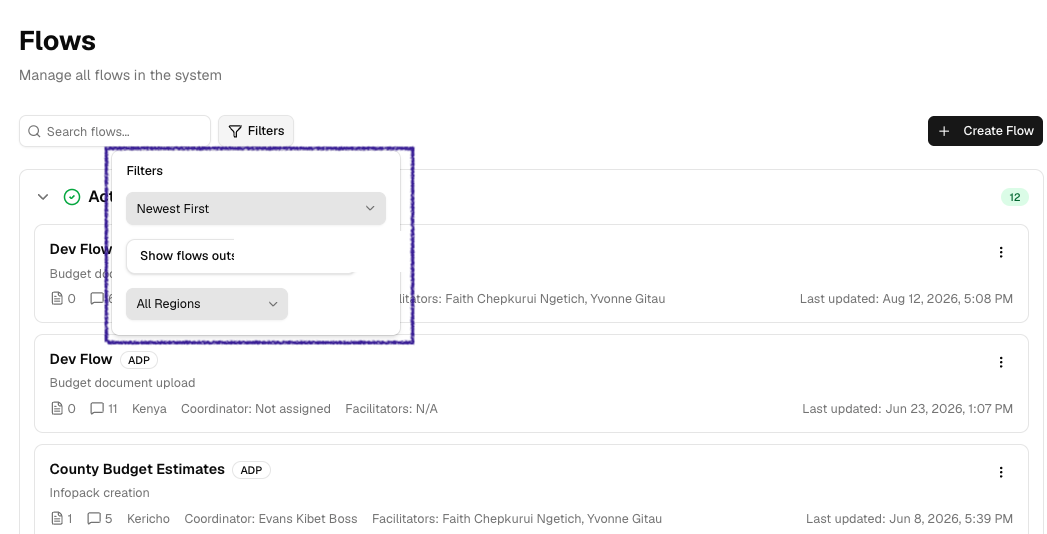 Flows page search and filters