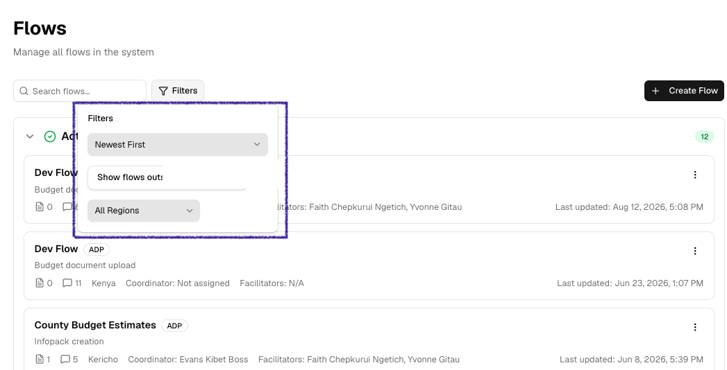 Flows page search and filters