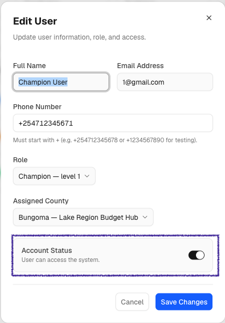 Deactivate option in the user menu