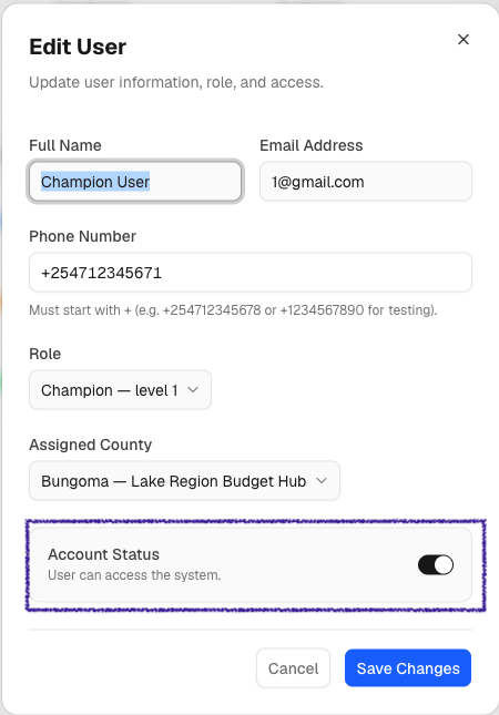 Deactivate option in the user menu