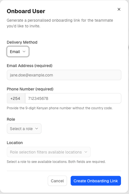 Onboard User form