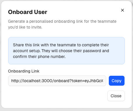 Generated onboarding link