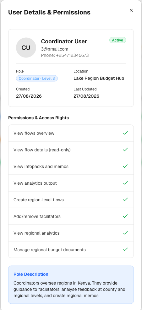 User details and permissions dialog