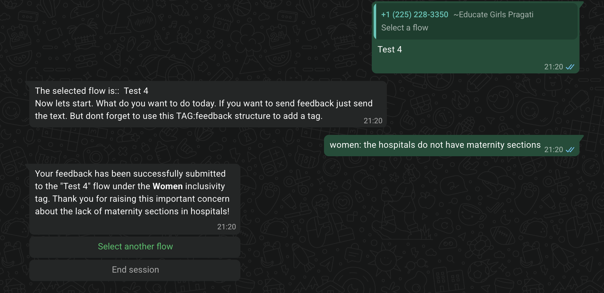 Feedback submitted with a group tag prefix and confirmation reply