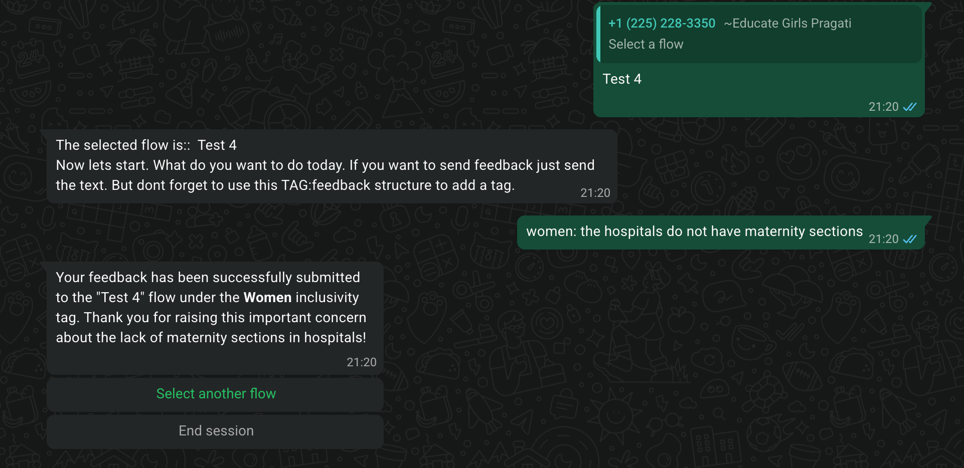 Feedback submitted with a group tag prefix and confirmation reply