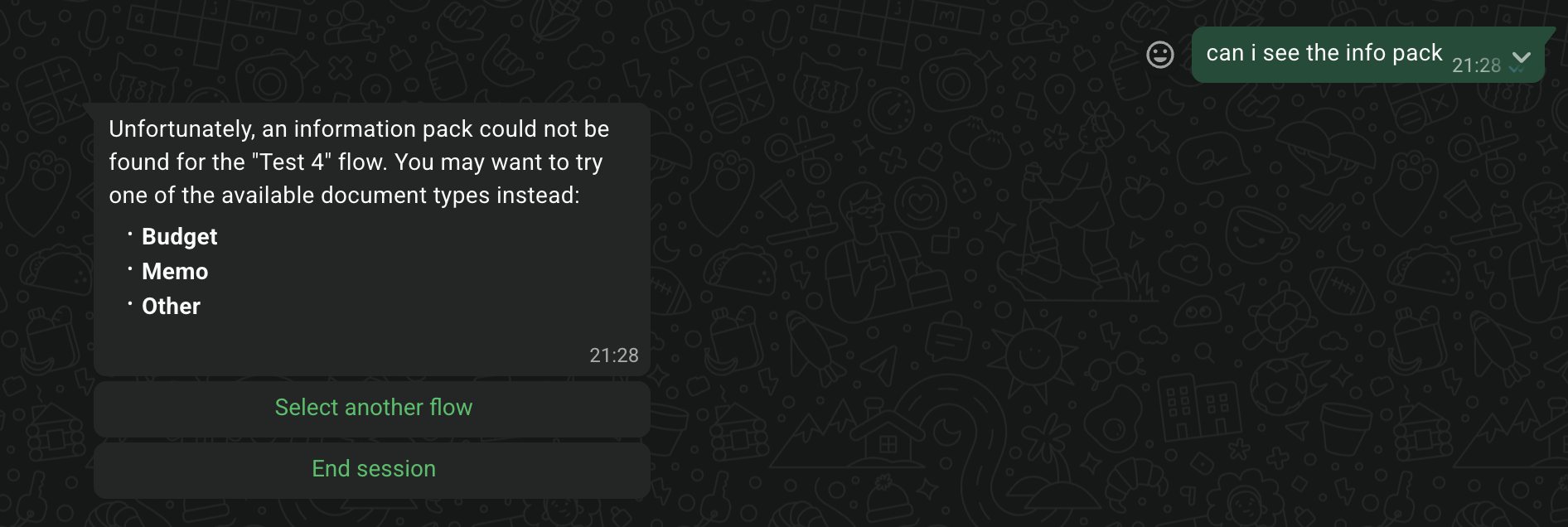 Bot replying that the document is not yet available