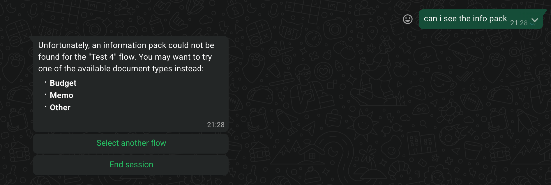 Bot replying that the document is not yet available