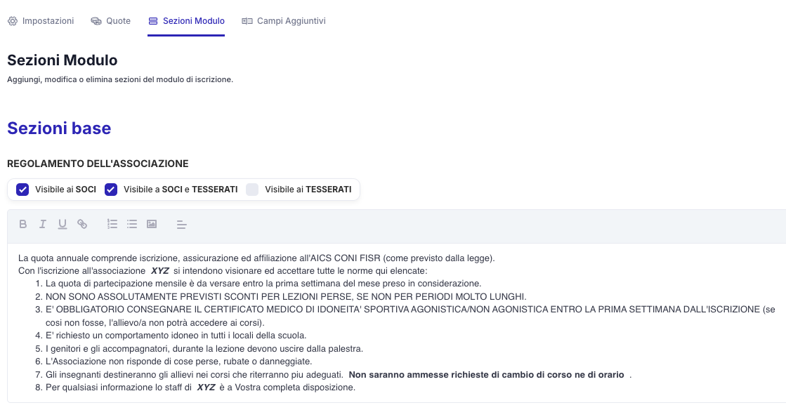 Sezioni del modulo d'iscrizione
