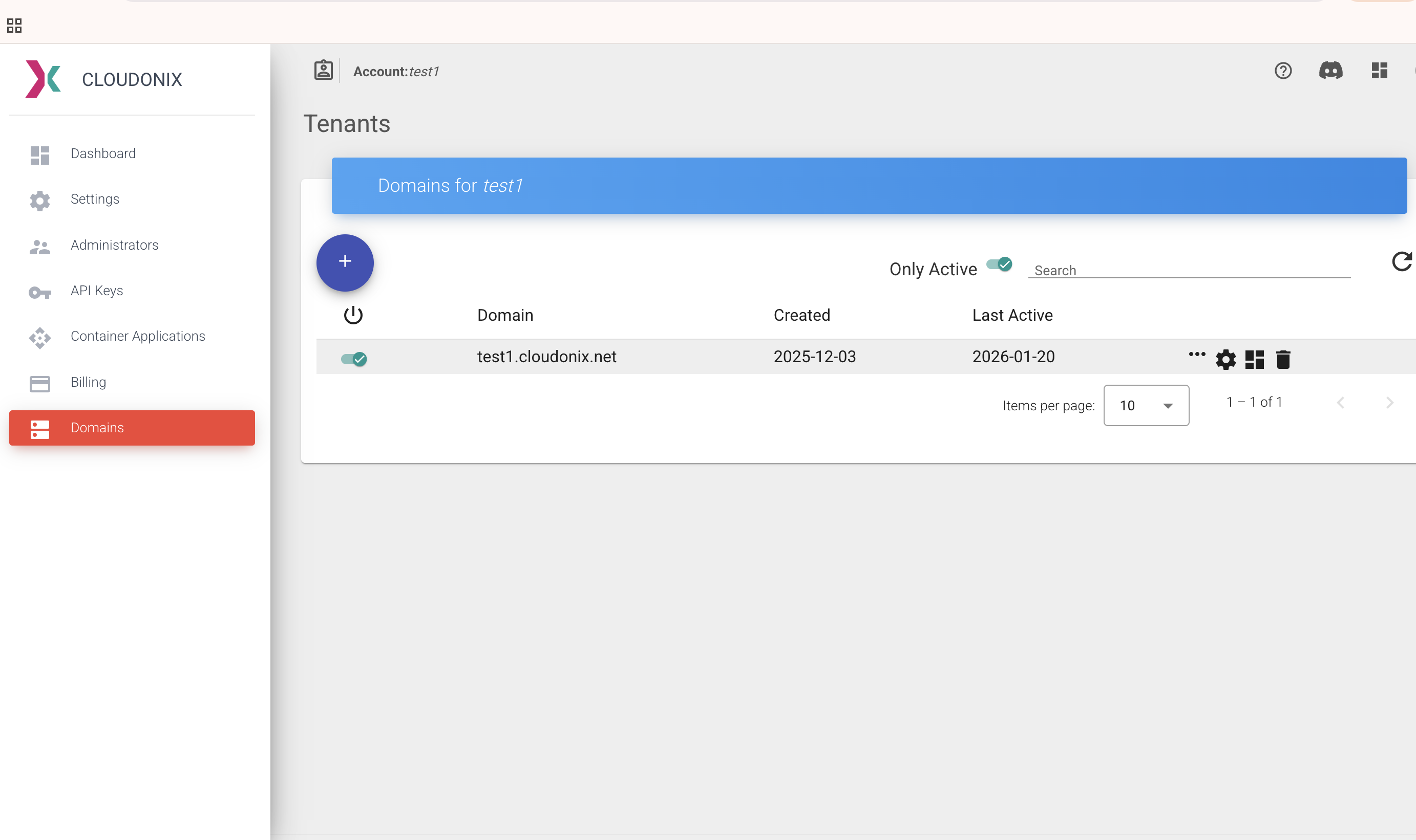 Cloudonix console showing domain selection