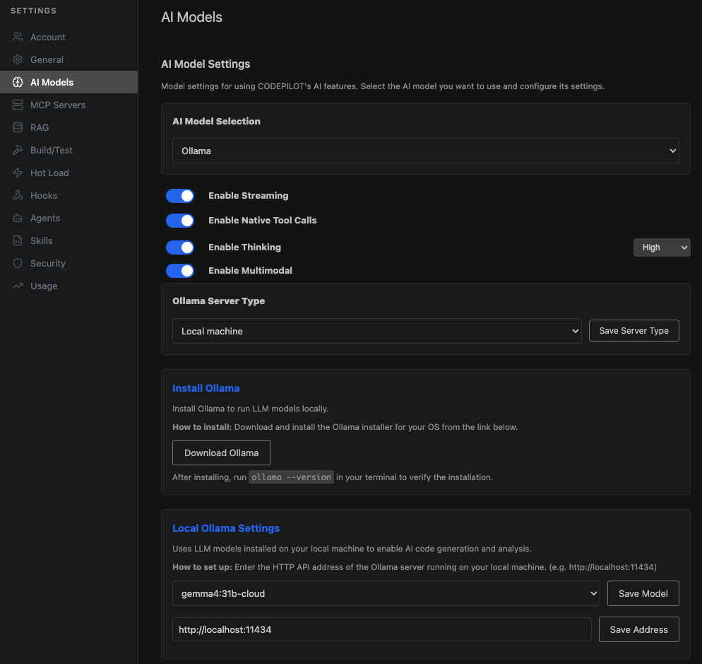 AI Models settings