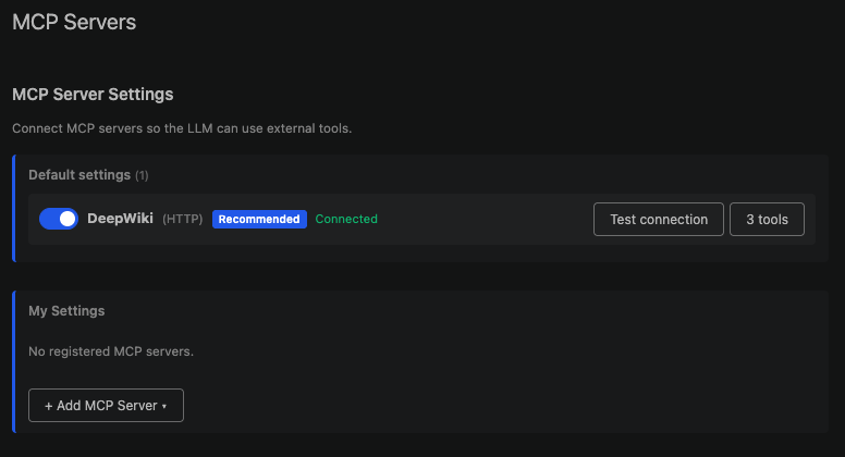 MCP Servers settings