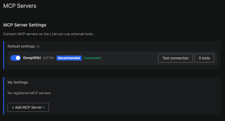 MCP Servers settings