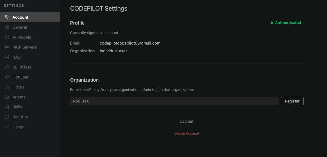 Settings screen