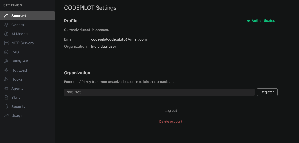 Settings screen