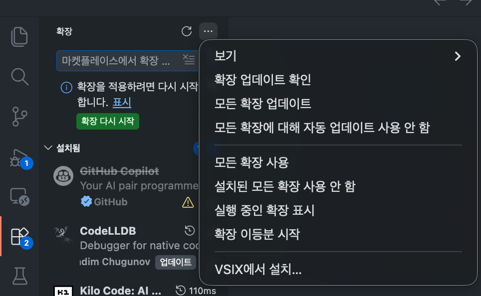 확장 패널에서 VSIX 설치 선택